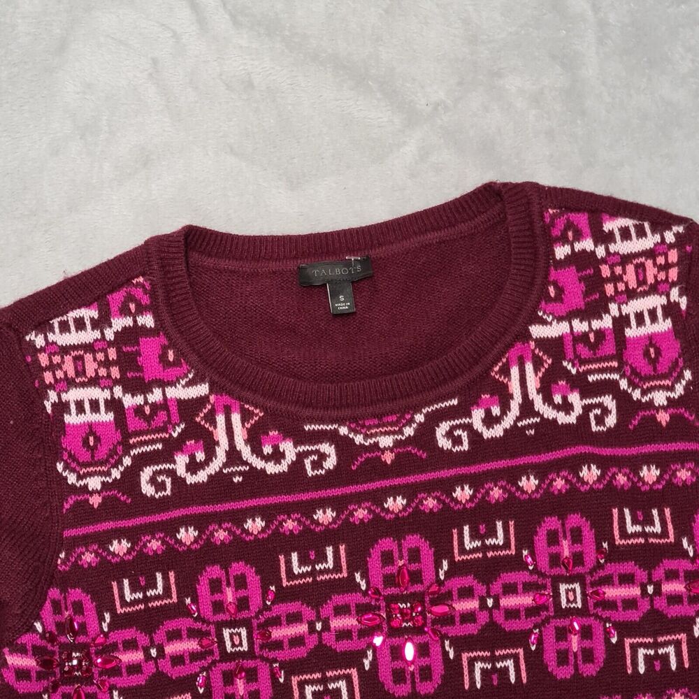 Talbots Sweater Burgundy Women's SMALL Jeweled Geometric Nylon Lambswool Holiday